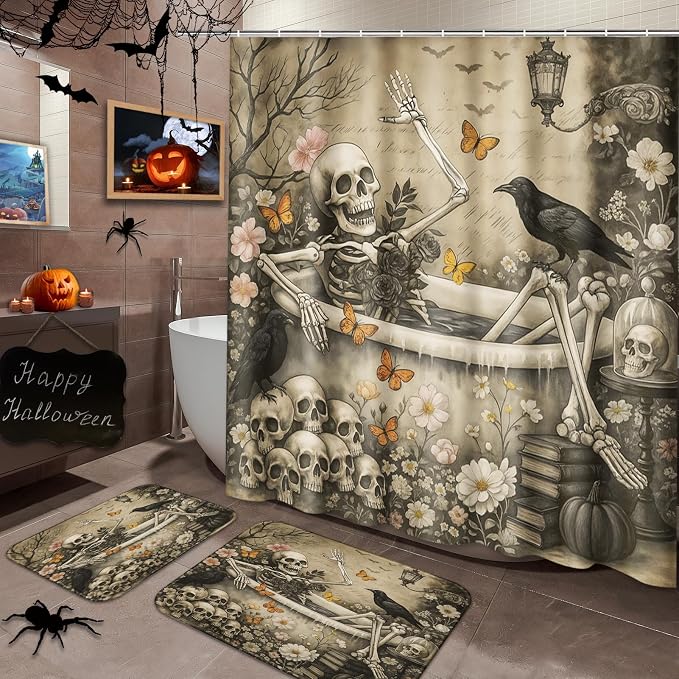 Arttown Bathroom Set, Shower Curtain and Bath Rugs Skull Halloween