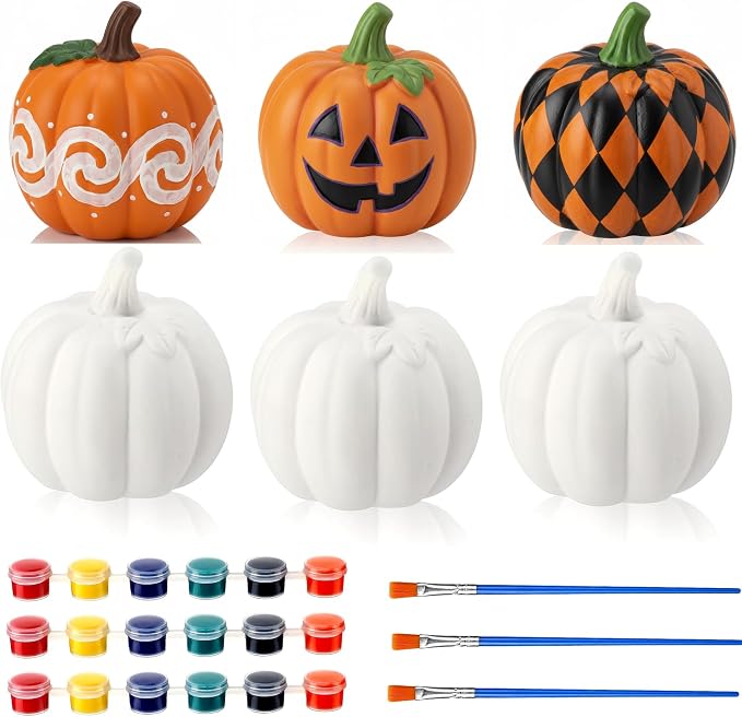 Yalikop 6 Pcs Halloween Ceramics to Paint, Pumpkin Ready to Paint Kit - skull painting