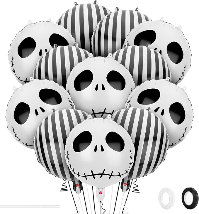 12 PCS Halloween Skull Foil Black and White Striped Balloons(18 Inch) Nightmare Honor Theme Birthday Party Decorations Spooky Ghost Skeleton Cat Baby Shower Day of The Dead Indoor Outdoor Decor - skull inflatable