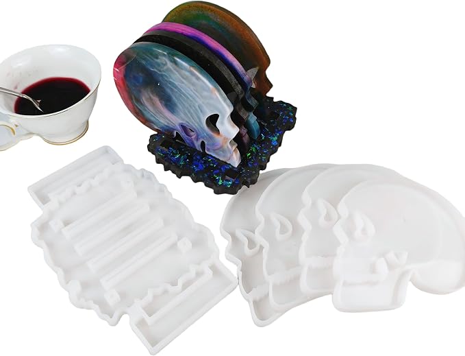 Skeleton Cup Mat Set Gothic Style Epoxy Resin Silicone Mold 5377 * 4+1005-3 - skull ashtray