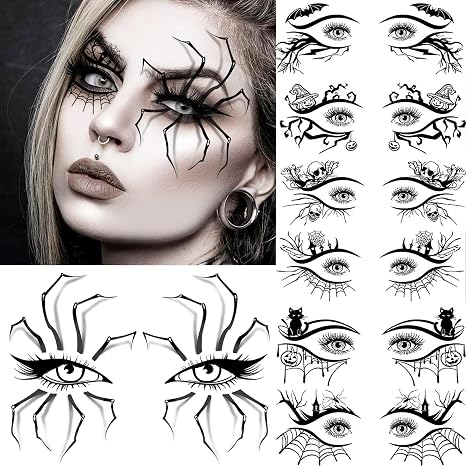 7 Sheets Halloween Eye Shadow Temporary Tattoos For Women Men Kids Adults, Halloween Eye Scary Face 3D Spider Web Tattoo Stickers, Cat Skull Bat Eyeliner Fake Tattoos Halloween Makeup Accessory - sugar skull makeup