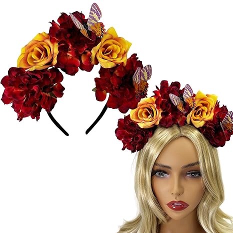 Rose Flower Butterfly Crown Day of the Dead Headband Floral Crown Mexican Headpiece for Women Girls Halloween Cosplay Party Costume - skull headband