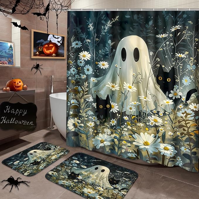 Arttown Bathroom Set, Shower Curtain and Bath Rugs Halloween Black