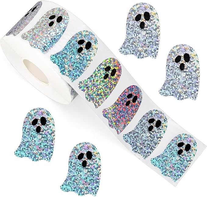 500Pcs Halloween Pholographic Ghost Stickers Rolls 1.2in Laser Ghost Waterproof Decals Self-Adhesive Sparkly Stickers Halloween Party Envelope Scrapbook Decorations - skull sticker
