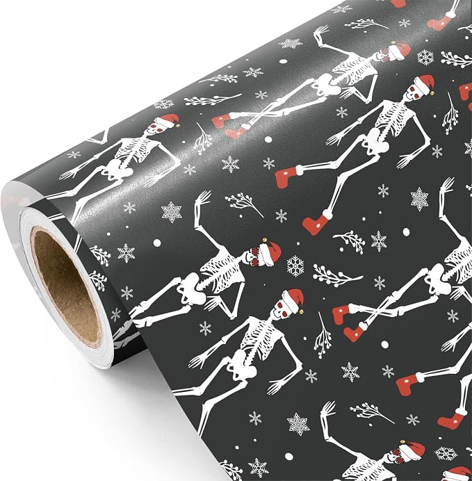 WRAPAHOLIC Funny Christmas Wrapping Paper - Mini Roll - 17 Inch x 16.5 Feet - Dancing Skeleton Wrapping Paper for Christmas Holiday, Party Celebration - skeleton