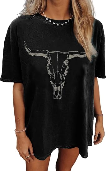 Womens Oversized Tshirt Flower Graphic Tees Nashville Music Short Sleeve Shirts Summer Casual Loose Beach Tops - skull leggings