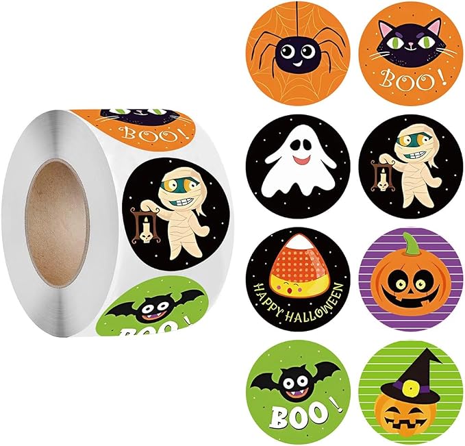 500 PCS Halloween Stickers Roll Halloween Pumpkin Bat Spider Stickers 8 Vibrant Colors and Designs, Round Seal Label Envelope Seals Paster for Party Decorations Supplies - skull sticker