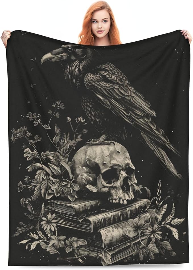 Raven and Skull Blanket Gifts for Women Men Adults Gothic Lovers, Goth Book Plush Fleece Throw Blankets, Cozy Soft Warm Bedding Decor for Sofa Living Room Travel 50"x60" - skull blanket