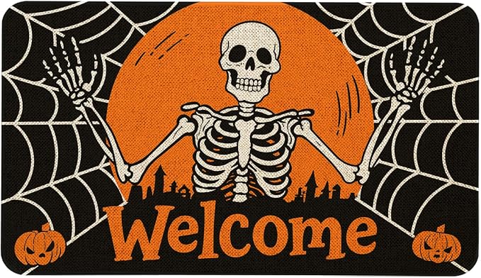Halloween Skeleton Welcome Door Mat 30x17 Inch for Spooky Decor - skull floor mat
