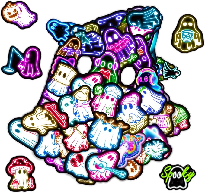 70 Pcs Neon Halloween Stickers for Kids, Waterproof Ghosts Decor for Water Bottle, Vinyl Decals for Teens Girls Boys, Students Classroom Prizes - skull sticker
