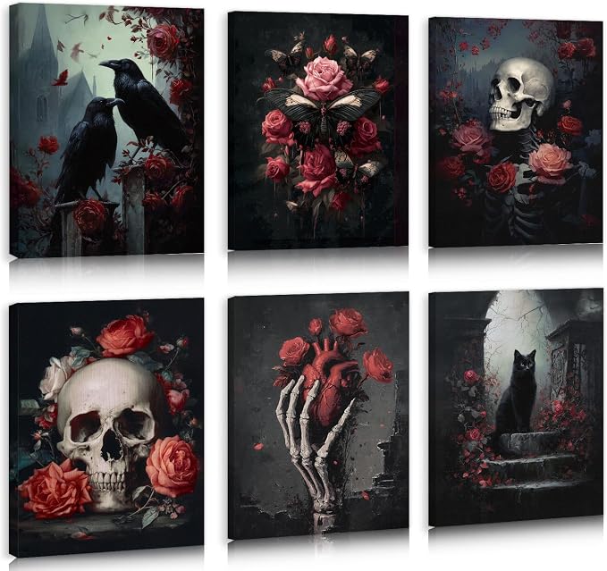 HPNIUB Vintage Skull Halloween Floral Framed Canvas Wall Art, Set Of 6 Piece (8x10inch,Framed) Skeleton&Black Cat Wall Decor, Moody Dark Rose Print Artwork for Living Room,Halloween Party Decoration