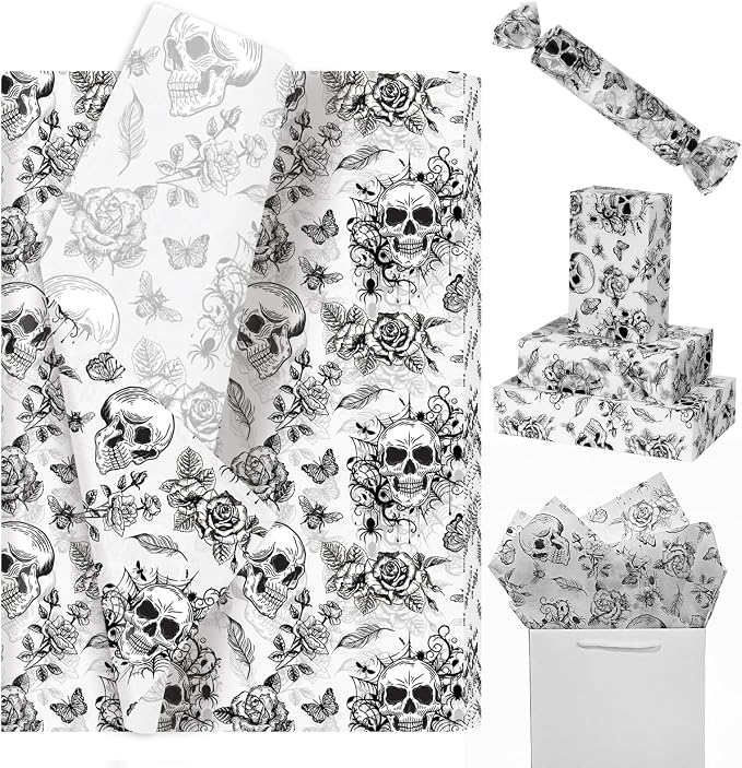 Gothic Tissue Paper 100 Sheets - Skull and Floral Design for Alternative Gift Wrapping, Horror Party Decor - 20x14 Inches - skull toilet paper