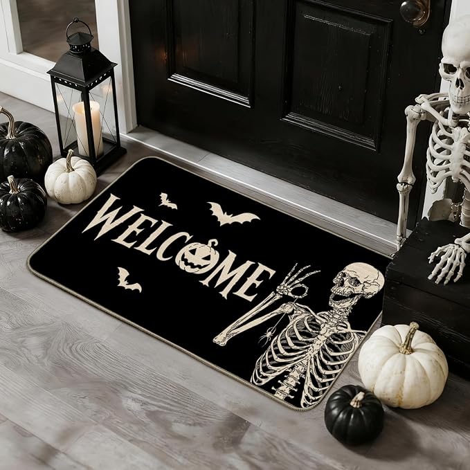 Mocsicka Halloween Skull Door Mat Funny Skull Welcome Decorative Doormat Halloween Non-Slip Floor Mat for Outdoor Entrance Doormat 17x30 Inch - skull floor mat
