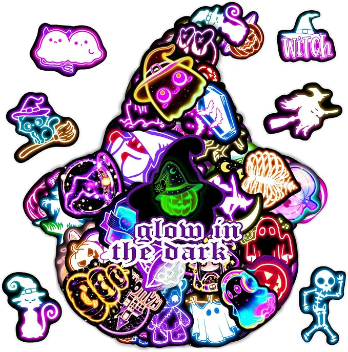 65 Pcs Glow in The Dark Neon Halloween Stickers for Kids, Waterproof Decals for Water Bottle, Vinyl Laptop Decor for Teens Girls Boys, Students Classroom Prizes - skull sticker