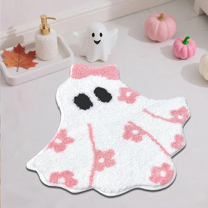 Mocsicka Pink Halloween Bath Mat Cute Ghost Bathroom Rug Super Soft Absorbent Bathroom Rugs Non Slip Halloween Bath Mat Machine Washable Rug for Bathrooms 24×26 inch (Pink)