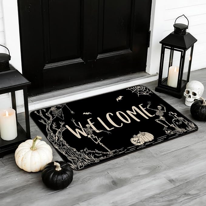 Mocsicka Halloween Skull Door Mat Funny Skull Graveyard Welcome Decorative Doormat Halloween Non-Slip Floor Mat for Outdoor Entrance Doormat 17x30 Inch - skull floor mat