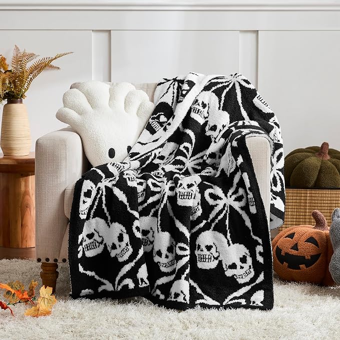 WDCOZY Halloween Throw Blanket Reversible Super Soft Knitted Blankets for Couch Bed Sofa Microfiber Warm Cozy Comfy Lightweight Fall Comfort Fluffy Fuzzy Knit Blanket Cute 50×60 Inches Skull & Bones