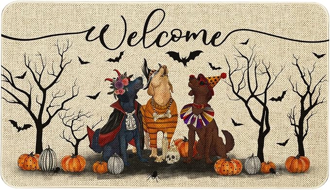 Halloween Dog Welcome Door Mat 30×17 Inch for Spooky Home Decor