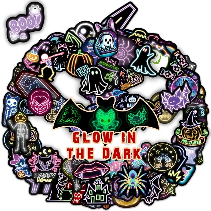 70 Pcs Glow in The Dark Neon Halloween Stickers for Kids, Waterproof Decor for Water Bottle, Vinyl Laptop Decals for Teens Girls Boys, Students Classroom Prizes - skull sticker