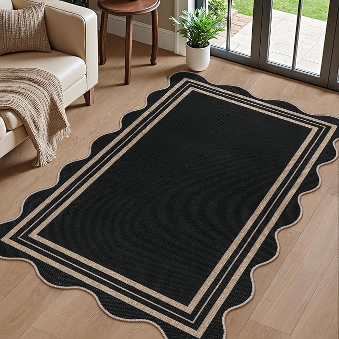 Scalloped Easy Jute 3×5 Front Door Mat, Washable Rugs for Entryway Black Outdoor Patio Rug, Farmhouse Neutral Non Slip Indoor Carpet for Porch Backyard