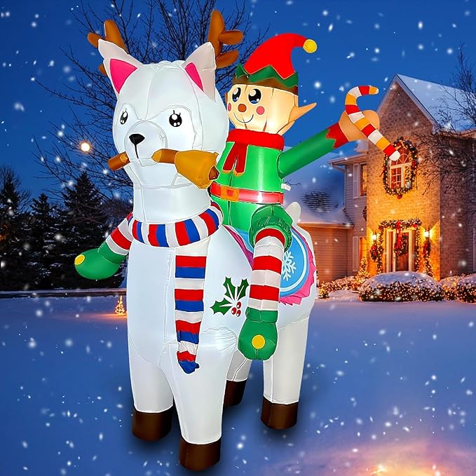 BLOWOUT FUN Christmas Inflatable 6 FT Tall Elf Riding Alpaca Decoration