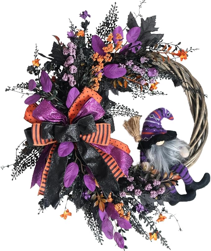 Halloween Wreath 20 inch Front Door Wreath Handmade Black Purple Maple Leaf Bow Little Dwarf Wreaths Courtyard Corridor Fireplace Decoration Halloween Party Celebration Decoration - skull wreath