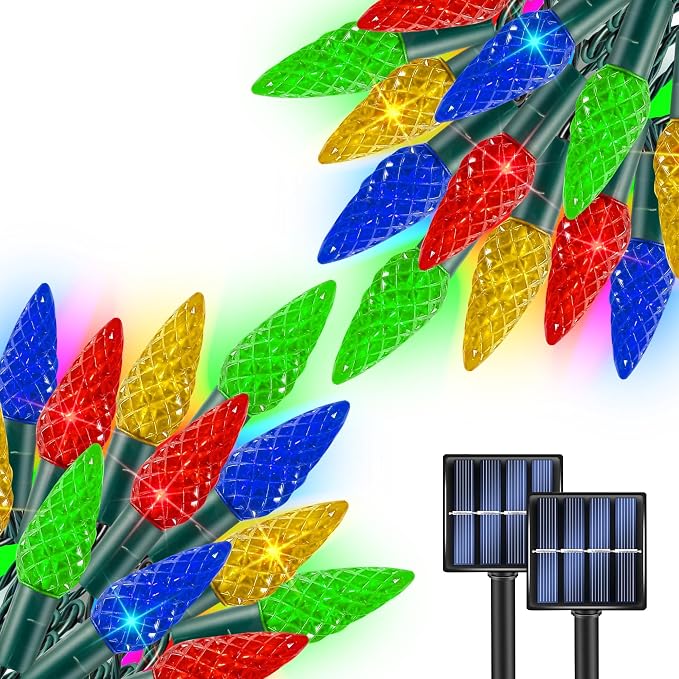 TW SHINE Solar C6 Christmas Lights Outdoor, 2 Pack 32FT 100 LED Solar Powered Christmas String Lights with 8 Modes, Waterproof Xmas Lights for Outside Tree Holiday Yard Decorations, Multi-Colored - string light