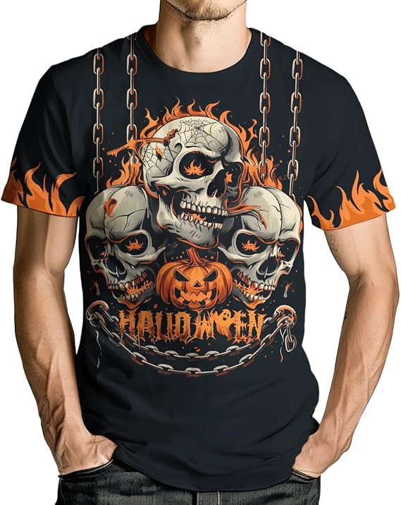 Men's Halloween Skull T-Shirt Fun Skeleton Pumpkin Ghost Graphic Tee - skull tshirt