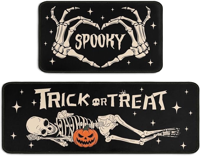2 Piece Halloween Kitchen Decor Rugs Set,Skeleton Kitchen Rugs and Mats Non Skid Washable Absorbent Kitchen Accessories Decoration Floor Mats 17"x47"+17"x30" - skull floor mat