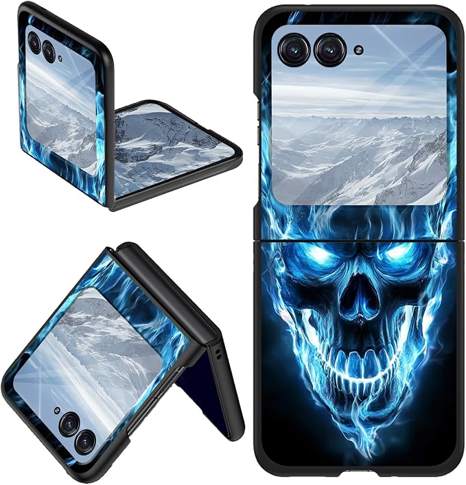 for Motorola Moto Razr 2025/2024 Phone Case Ultra-Thin Slim Fit Hard PC Flip Rugged Wireless Charging Full-Body Anti-Scratch Shookproof Protective Cover for Moto Razr 2025, Skull Blue Fire - Skull phone case