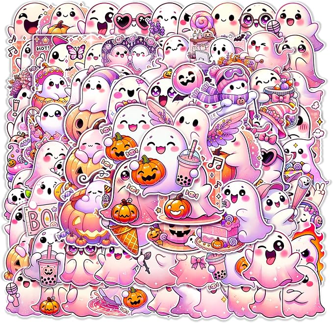 100 PCS Pink Halloween Ghost Theme Vinyl Stickers, Cute Ghost Decorative Stickers for Parties, Suitable for Children, Teens, and Adults, Ideal for Water Bottles, Laptops, and Cups - skull sticker