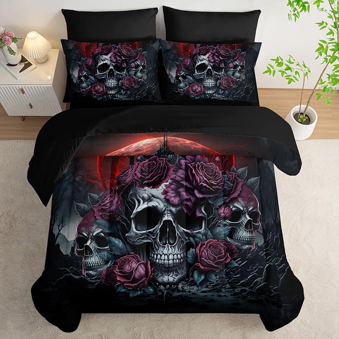 AILONEN Fiery Style Black Skull Comforter Set for Girls Women Full Size,7-Piece Romantic Red Rose Skeleton Bed in a Bag,Comforter & Fitted Sheet with Flat Sheet & 2 Pillowcases,2 Pillow Cases - skull bedding