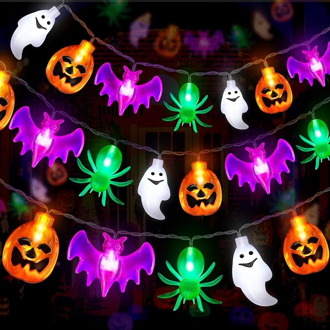 20FT 40LED Halloween Lights Outdoor Indoor Pumpkin Bat Spider Ghost Halloween String Lights Battery Operated, 8 Light Modes Waterproof Fairy Lights Decorations for Home Yard Window Party Outside Decor - string light