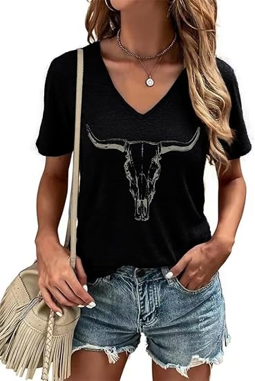 Women's T-Shirt V-Neck Graphic Tees Vintage Boho Flowers Shirt Summer Casual Plant Short Sleeve Tshirt Tops - skull tshirt