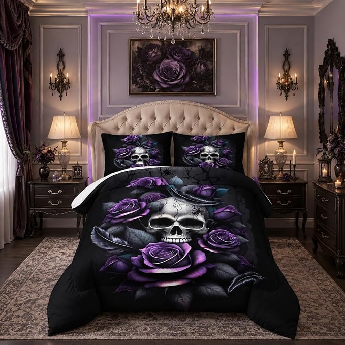 Death Skull Heads Twin Size Comforter Sets with 2 Pillowcases. - skull bedding
