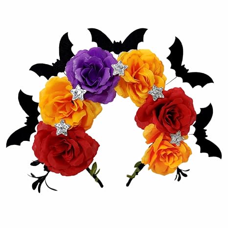 Halloween Headband Flower Bat Star Rhinestones Headdress Women Dress Up Day of the Dead Mexican Rose Crown Headpiece Party Hair Accessories - skull headband