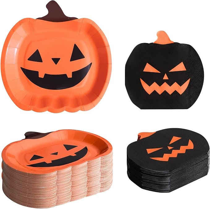 100PCS Bulk Halloween Plates and Napkins Party Supplies - Serves 50 - Pumpkin Paper Plates and Disposable Napkins for Halloween Birthday Decorations Kids Dinnerware Set - skull plate