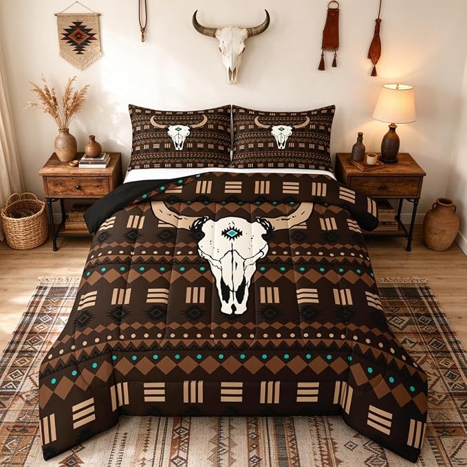 Erosebridal Bull Skull Queen Size Bedding Set, Boho Aztec Comforter Set - skull bedding
