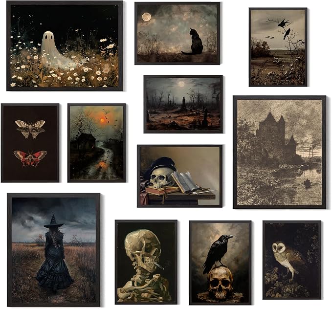 Aroutde 12Pcs Halloween Wall Art Dark Academia Canvas Academia Room Decor - skull wall art