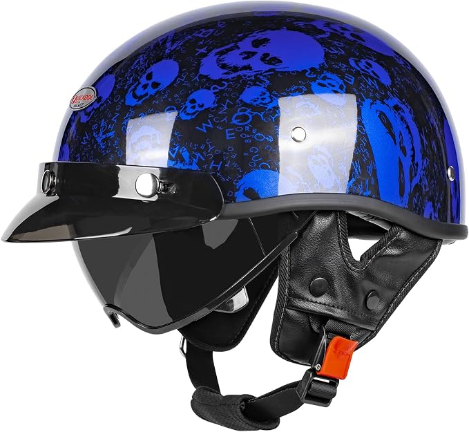 Retro Motorcycle Half Helmet with Retractable Sun Visor, DOT Certified Vintage Open Face Helmets for Men & Women for Cruiser Chopper Moped Scooter - skull helmet