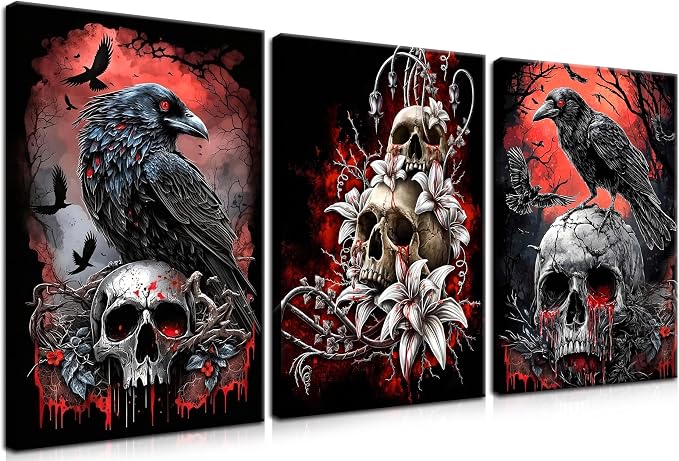 3 Piece Gothic Halloween Canvas Wall Art – Framed Dark Crow Floral Skull Prints, Spooky Romantic Aesthetic Gothic Pictures for Living Room, Bedroom, Bathroom Halloween Decor – 12x16in