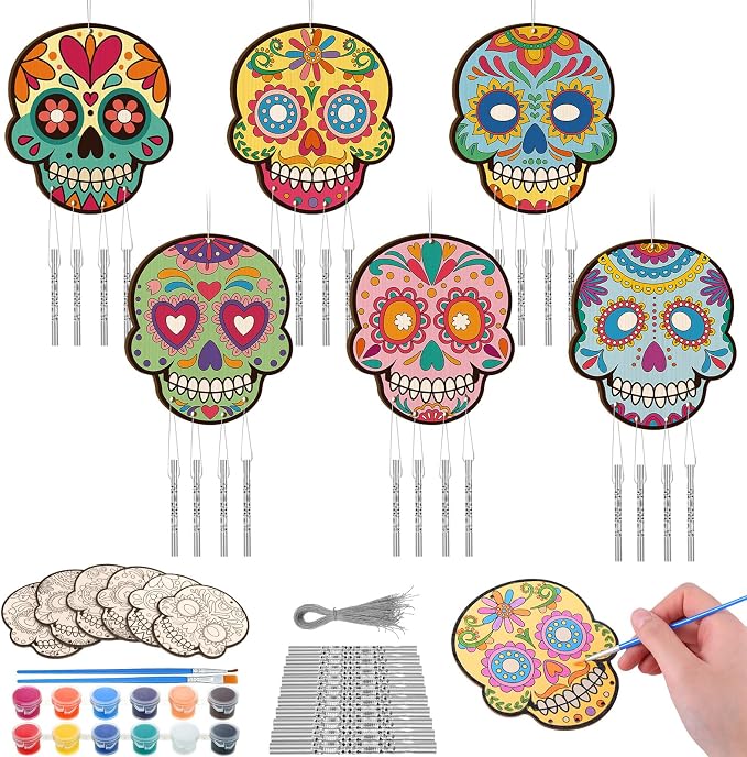 Silipull 24 Sets Day of The Dead Wind Chimes Crafts for Kids - sugar skull ornament