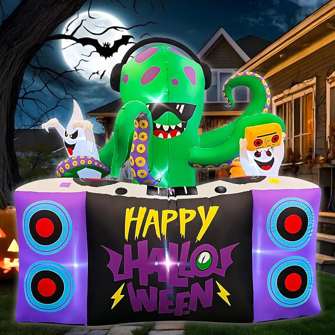 BLOWOUT FUN 6FT Halloween Inflatables DJ Octopus Playing Music on Turntable - skull inflatable