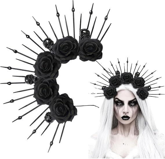 AUOCATTAIL Gothic Halo Crown Flower Headband Black Rose Skeleton Sunburst Spike Flower Skull Crown Headpiece for Women Halloween Day of The Dead Costume Hair Accessory - skull headband