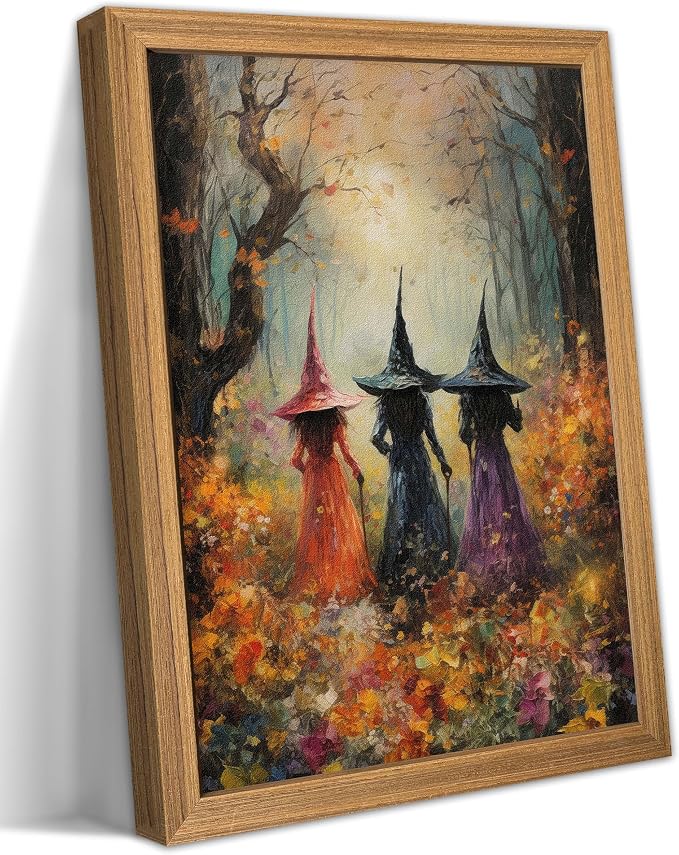 Framed Vintage Halloween Witch Wall Art – Halloween 3D Texture Witches Pictures Fall Decor for Living Room, Mysterious Forest Witchy Sandstone Aesthetic Art Prints for Bedroom Kids Room – 12x16in - skull wall art
