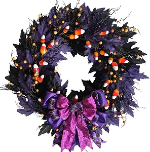 idyllic 22 Inches Halloween Door Wreath, Black Halloween Wreaths for Front Door with Purple Bow Witch Ornaments Decorations - skull wreath