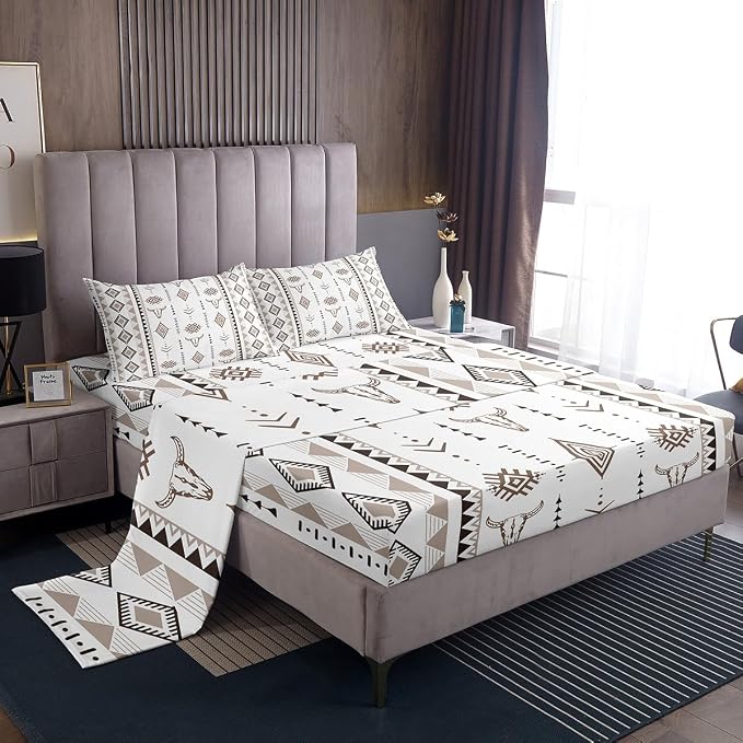 Erosebridal Western Bull Skull King Size Flat Fitted Sheet, Bohemian Aztec - skull bedding