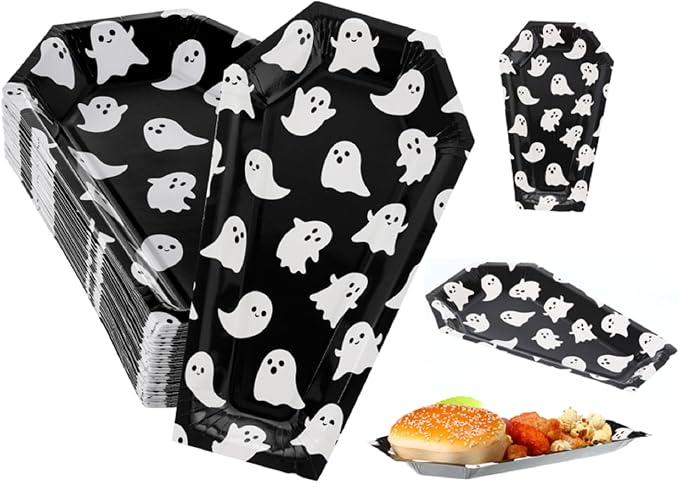 Hsei 100 Pcs Halloween Coffin Paper Plates Party Tableware, Ghost Style - skull plate
