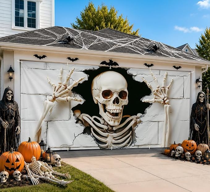 6 x 13 FT Giant Skull Halloween Garage Door Decorations Skeleton Garage Door Cover Hanging Banner,Horror Skull Backdrop Mural for Home,Outdoor,Indoor,Spooky Party,71 x 157 Inch - skull lamp