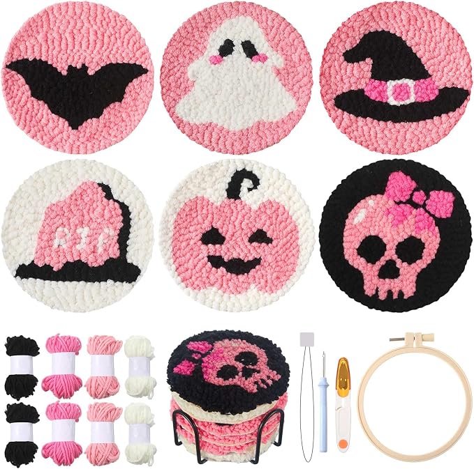Yaomiao 6 Pcs Halloween Punch Needle Coaster Kit for Beginners Adults - skull coaster